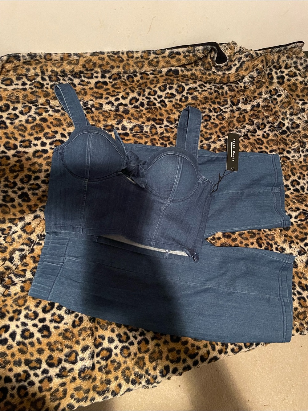Denim Bustier Crop Top and High-Waist Jeans Set - Blue